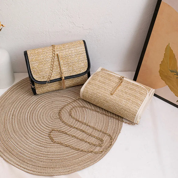 Women'S Straw Solid Color Vacation Square Flip Cover Square Bag