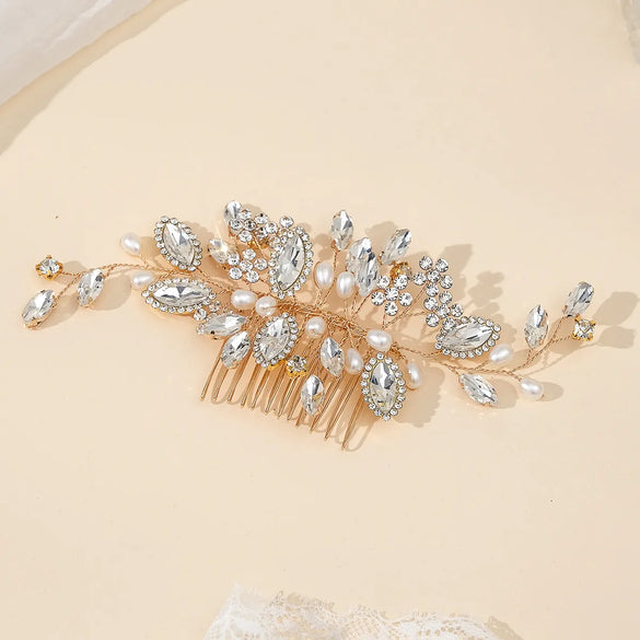 Women'S Bridal Shiny Leaf Flower Copper Plating Inlay Artificial Pearls Rhinestones Insert Comb