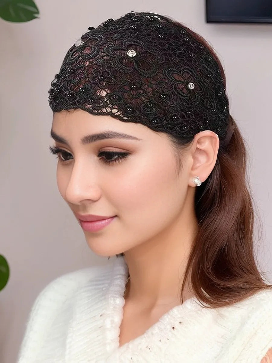 Women'S Casual Flower Cloth Hollow Out Inlay Rhinestones Pearl Hair Band