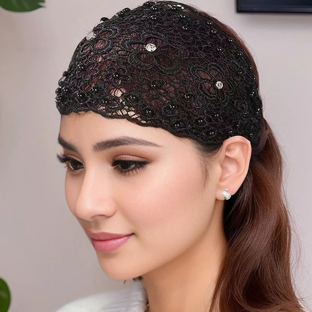 Women'S Casual Flower Cloth Hollow Out Inlay Rhinestones Pearl Hair Band