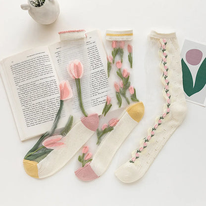 Women'S Casual Flower Nylon Cotton Jacquard Crew Socks A Pair