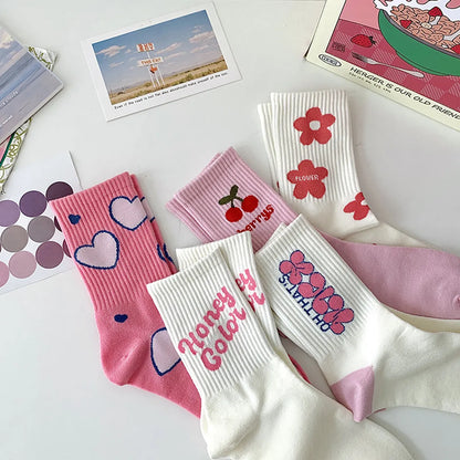 Women'S Casual Japanese Style Sweet Letter Fruit Flower Cotton Crew Socks A Pair