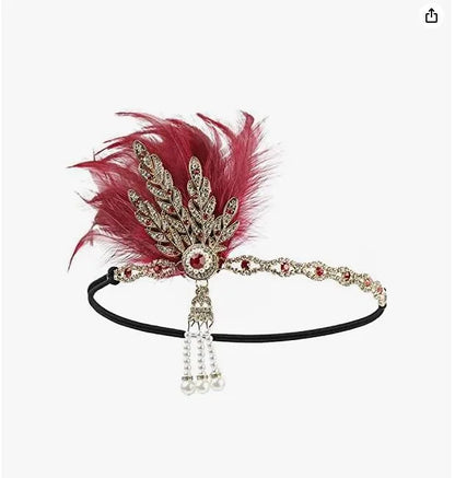 Women'S Casual Retro Leaves Elastic Belt Feather Beaded Feather Inlay Rhinestones Pearl Hair Band