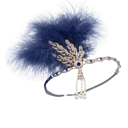 Women'S Casual Retro Leaves Elastic Belt Feather Beaded Feather Inlay Rhinestones Pearl Hair Band