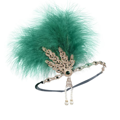 Women'S Casual Retro Leaves Elastic Belt Feather Beaded Feather Inlay Rhinestones Pearl Hair Band