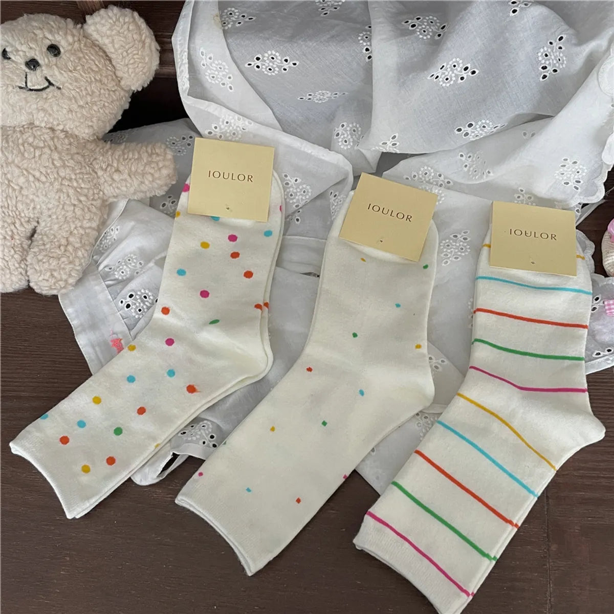 Women'S Casual Simple Style Polka Dots Lines Cotton Crew Socks A Pair