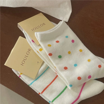 Women'S Casual Simple Style Polka Dots Lines Cotton Crew Socks A Pair