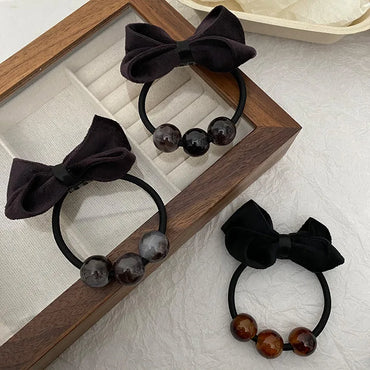 Women'S Casual Sweet Bow Knot Cloth Beaded Hair Tie