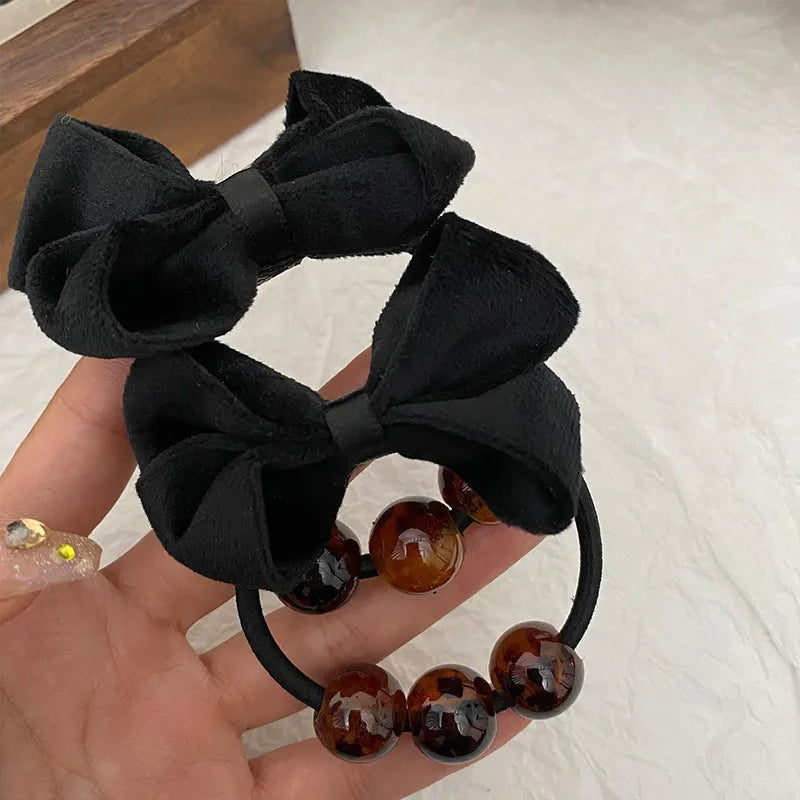 Women'S Casual Sweet Bow Knot Cloth Beaded Hair Tie