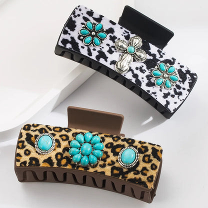 Women'S Casual Vacation Classic Style Cross Alloy Cloth Inlay Turquoise Hair Claws