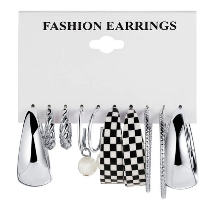 Women's Checkerboard Plaid Pearl Pendant Silver Earrings 5-piece Set