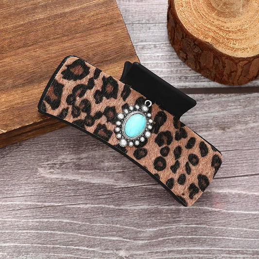 Women'S Classic Style Commute Korean Style Leopard Pu Leather Inlay Turquoise Hair Claws