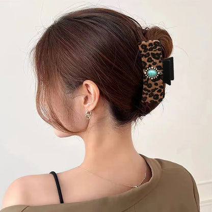 Women'S Classic Style Commute Korean Style Leopard Pu Leather Inlay Turquoise Hair Claws