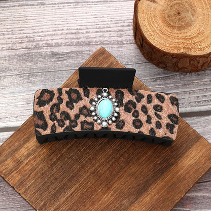 Women'S Classic Style Commute Korean Style Leopard Pu Leather Inlay Turquoise Hair Claws