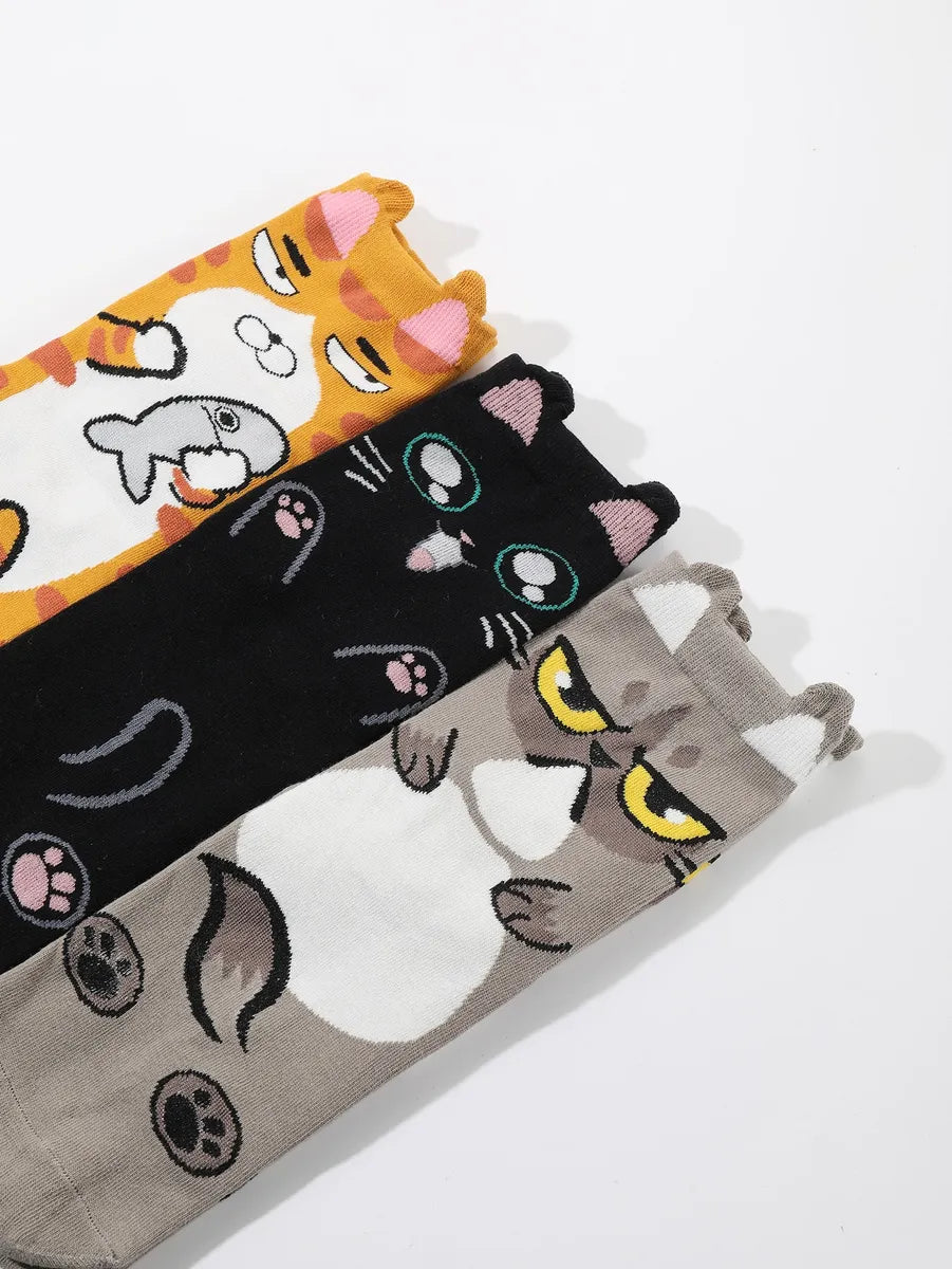 Women'S Cute Cat Polyester Ankle Socks 3 Pairs 6 Pieces