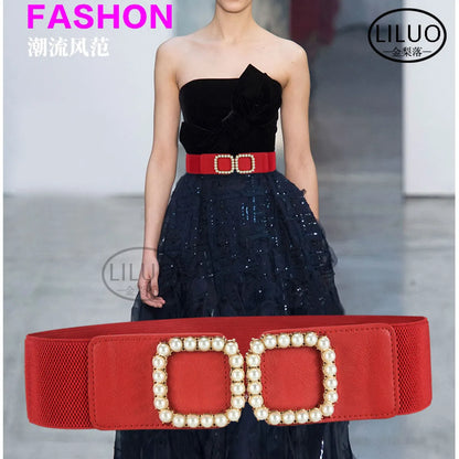 Women'S Decorative Pearl Belt Elastic Girdle Fashion Belt