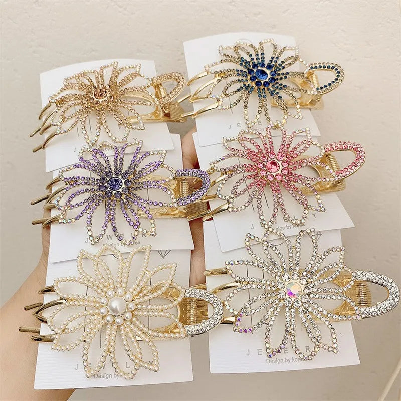 Women'S Elegant Lady Sweet Flower Alloy Inlay Imitation Pearl Rhinestones Hair Clip Hair Claws