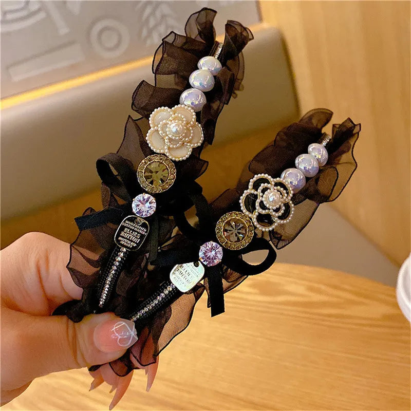 Women'S Elegant Princess Solid Color Flower Organza Rhinestone Hair Band