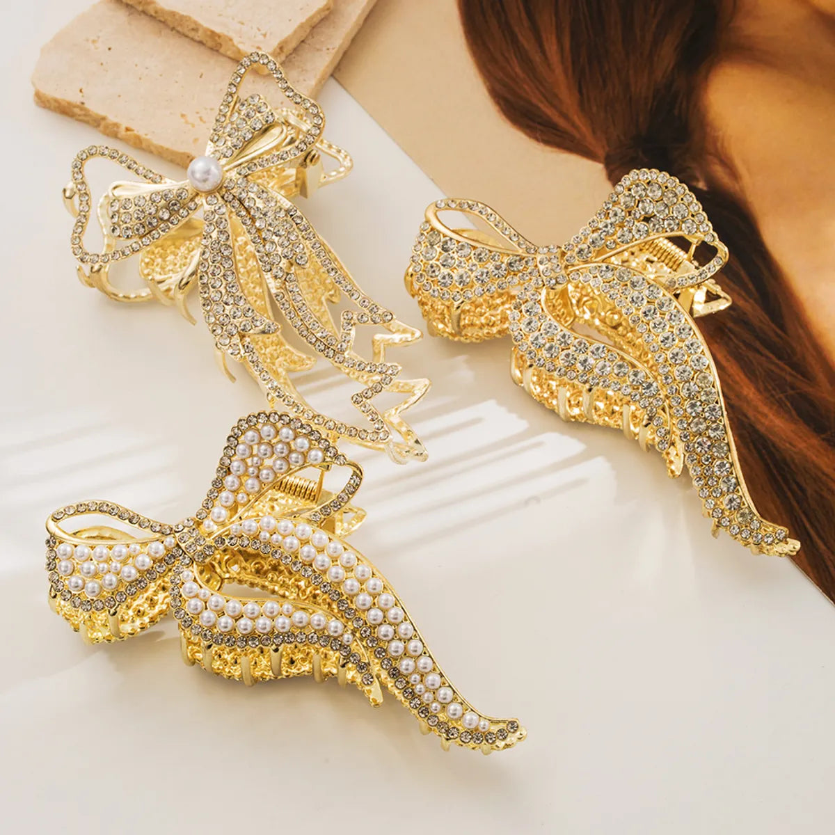 Women'S Elegant Sweet Bow Knot Alloy Inlay Rhinestones Pearl Hair Claws