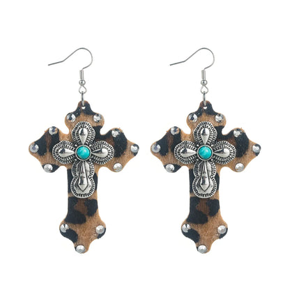 Women'S Ethnic Style Cross Alloy Turquoise Earrings Inlaid Turquoise Drop Earrings