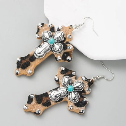 Women'S Ethnic Style Cross Alloy Turquoise Earrings Inlaid Turquoise Drop Earrings