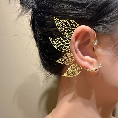 Women's Fairy Style Leaf Copper No Inlaid Earrings Hollow Out Clip&cuff Earrings