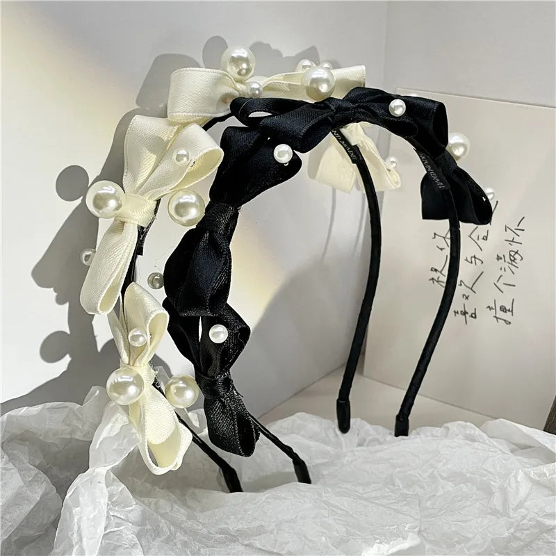 Women'S Fairy Style Sweet Bow Knot Cloth Inlay Artificial Pearls Hair Band