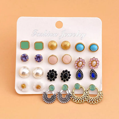 Women'S Fashion Geometric Alloy Artificial Gemstones Earrings Pearl Plating Metal Drop Earrings