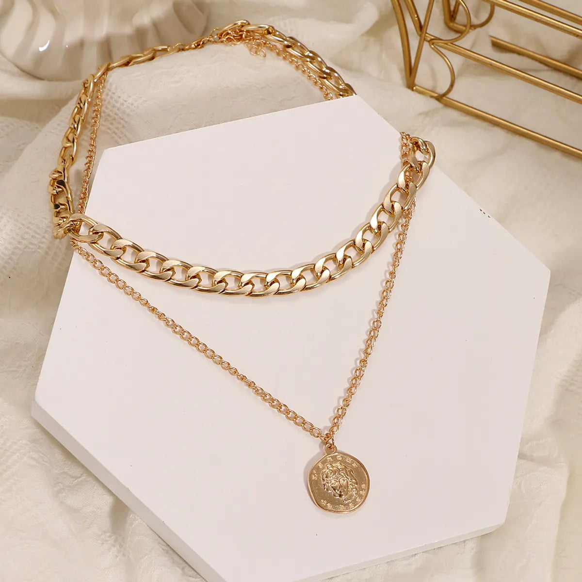 Korean Jewelry Cross-Border European And  Ring Bronze Beads Multi-Layer Geometric Hexagonal Circle Arrow Necklace