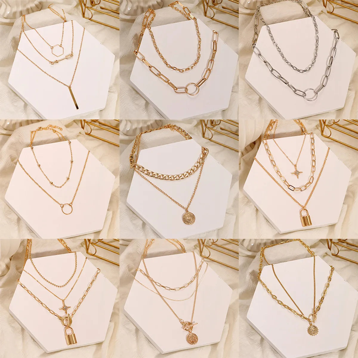 Korean Jewelry Cross-Border European And  Ring Bronze Beads Multi-Layer Geometric Hexagonal Circle Arrow Necklace