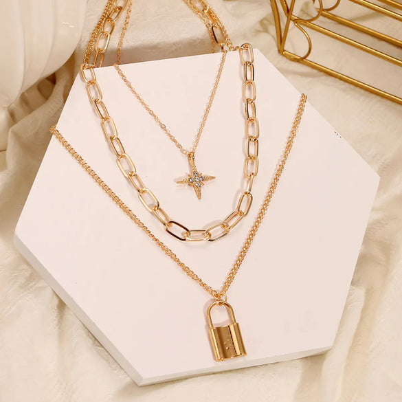 Korean Jewelry Cross-Border European And  Ring Bronze Beads Multi-Layer Geometric Hexagonal Circle Arrow Necklace