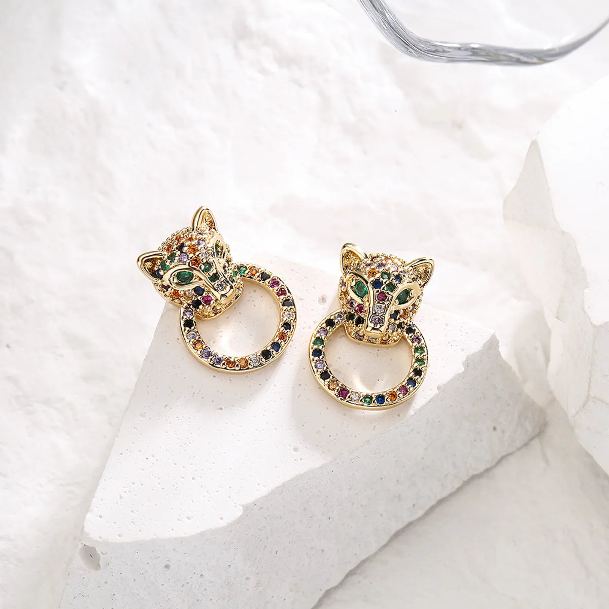 Fashion Leopard Head Inlaid Zircon Copper Earrings