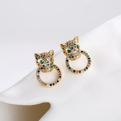 Fashion Leopard Head Inlaid Zircon Copper Earrings