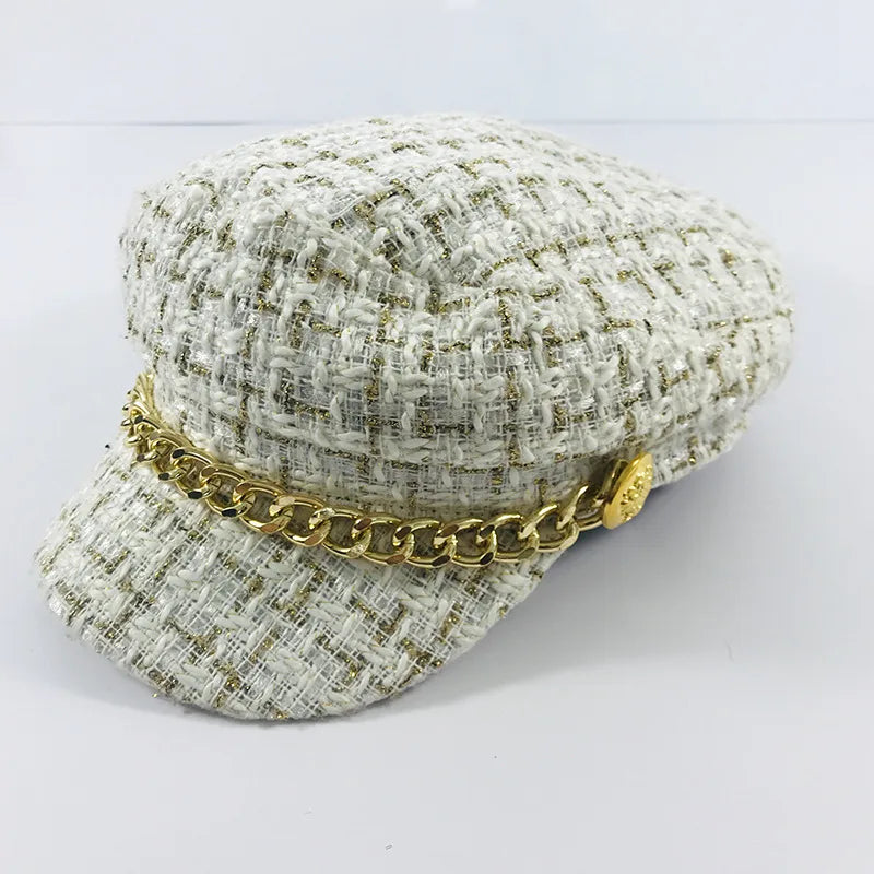 Women'S Fashion Plaid Chain Curved Eaves Beret Hat