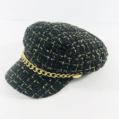 Women'S Fashion Plaid Chain Curved Eaves Beret Hat