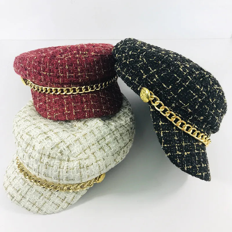 Women'S Fashion Plaid Chain Curved Eaves Beret Hat