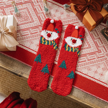 Women'S Fashion Santa Claus Snowman Snowflake Coral Fleece Jacquard Crew Socks