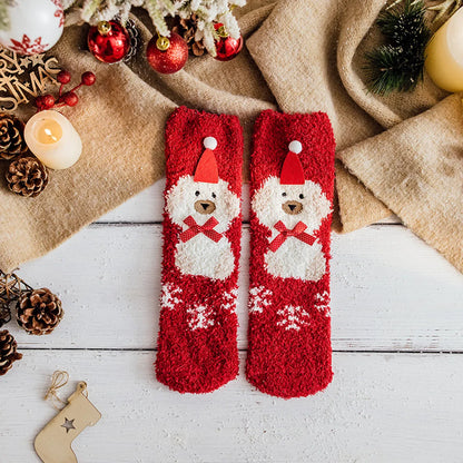 Women'S Fashion Santa Claus Snowman Snowflake Coral Fleece Jacquard Crew Socks