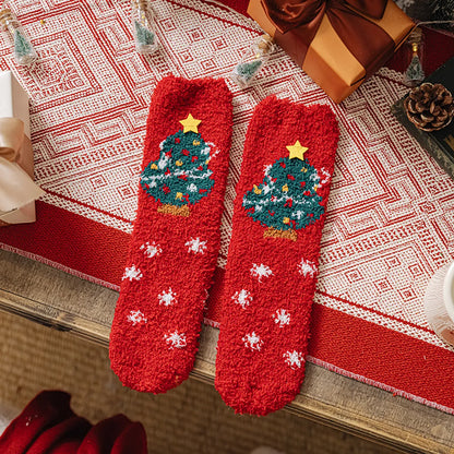 Women'S Fashion Santa Claus Snowman Snowflake Coral Fleece Jacquard Crew Socks