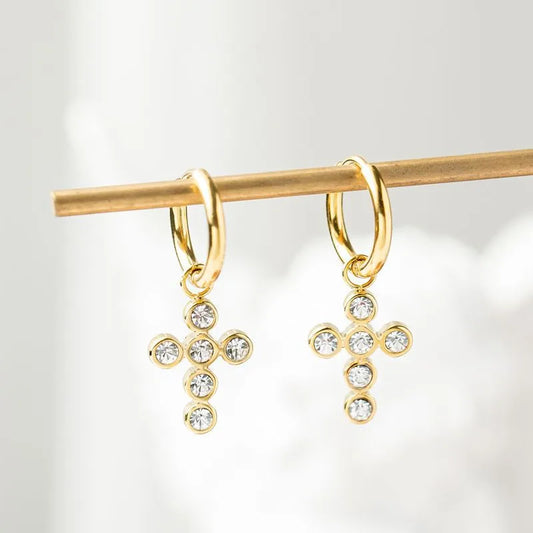 Fashion Simple Style Cross Plating 304 Stainless Steel Zircon 14K Gold Plated Earrings