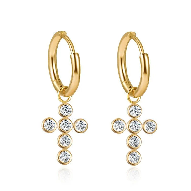 Fashion Simple Style Cross Plating 304 Stainless Steel Zircon 14K Gold Plated Earrings