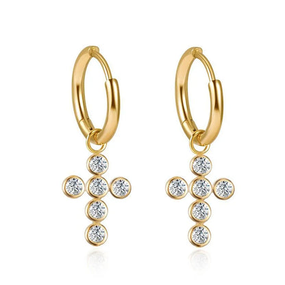 Fashion Simple Style Cross Plating 304 Stainless Steel Zircon 14K Gold Plated Earrings