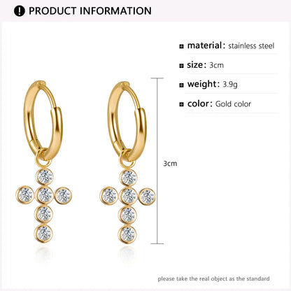 Fashion Simple Style Cross Plating 304 Stainless Steel Zircon 14K Gold Plated Earrings