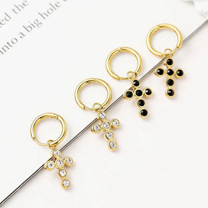 Fashion Simple Style Cross Plating 304 Stainless Steel Zircon 14K Gold Plated Earrings