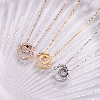 Fashion Simple Style Round Stainless Steel Diamond Rhinestones Pendant Necklace