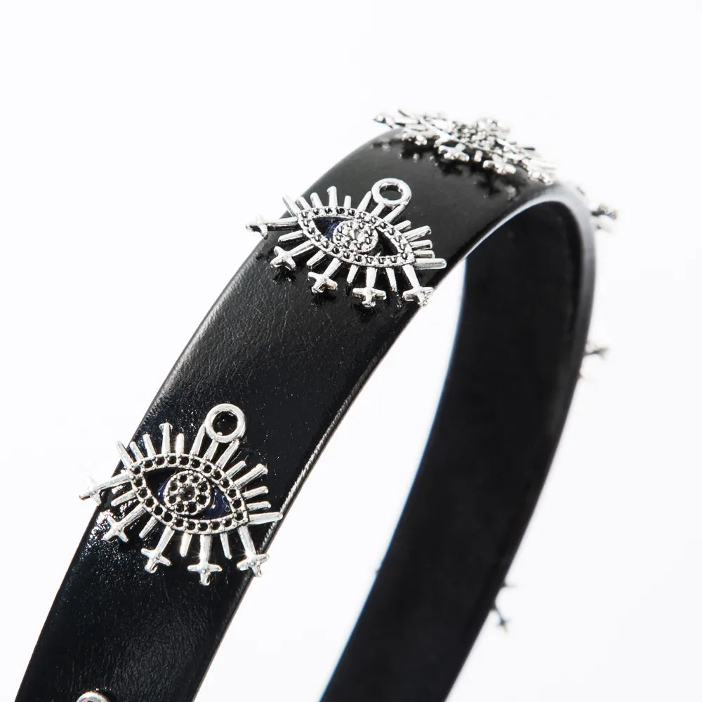 Women'S Hip-Hop Rock Triangle Hexagonal Devil'S Eye Pu Leather Alloy Hair Band