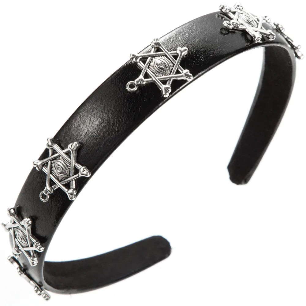 Women'S Hip-Hop Rock Triangle Hexagonal Devil'S Eye Pu Leather Alloy Hair Band