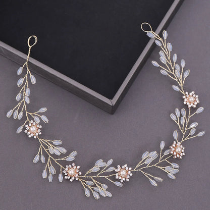 Women'S IG Style Shiny Leaves Flower Iron Pearl Inlay Rhinestones Hair Band