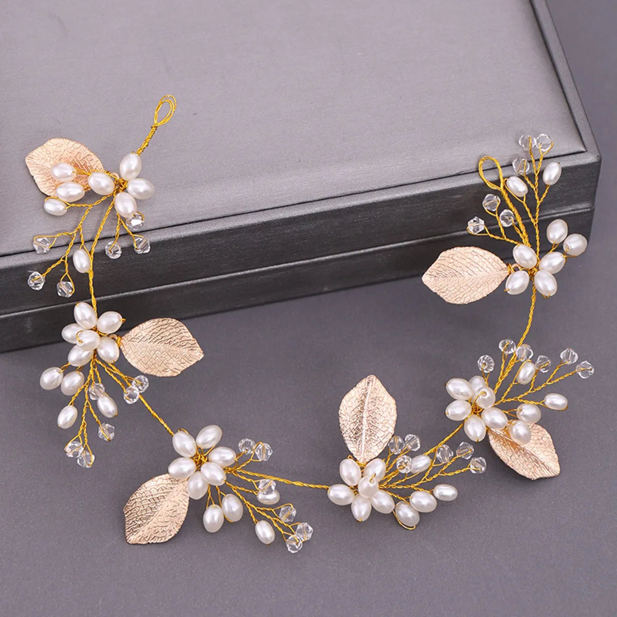 Women'S IG Style Shiny Leaves Flower Iron Pearl Inlay Rhinestones Hair Band