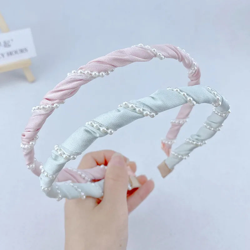 Women'S IG Style Simple Style Solid Color PVC Cloth Pearl Pleated Hair Band